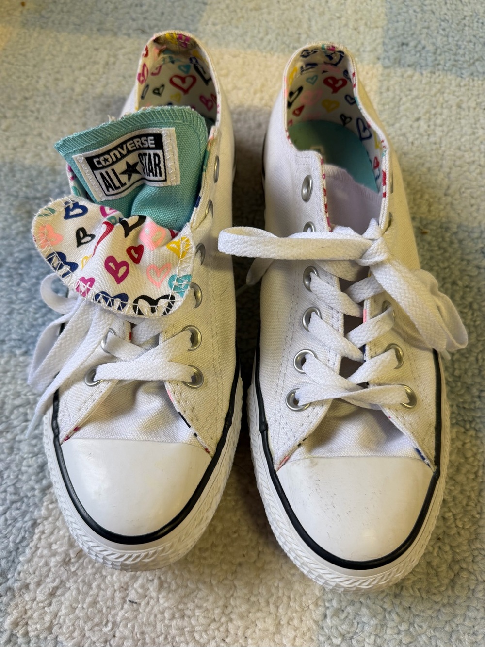 Converse White Low-Top Sneakers with Multi-Color Heart Lining